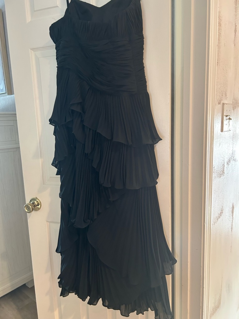 Mac Duggal Black Strapless Ruffled Tiered Evening Dress. Ask for measurements